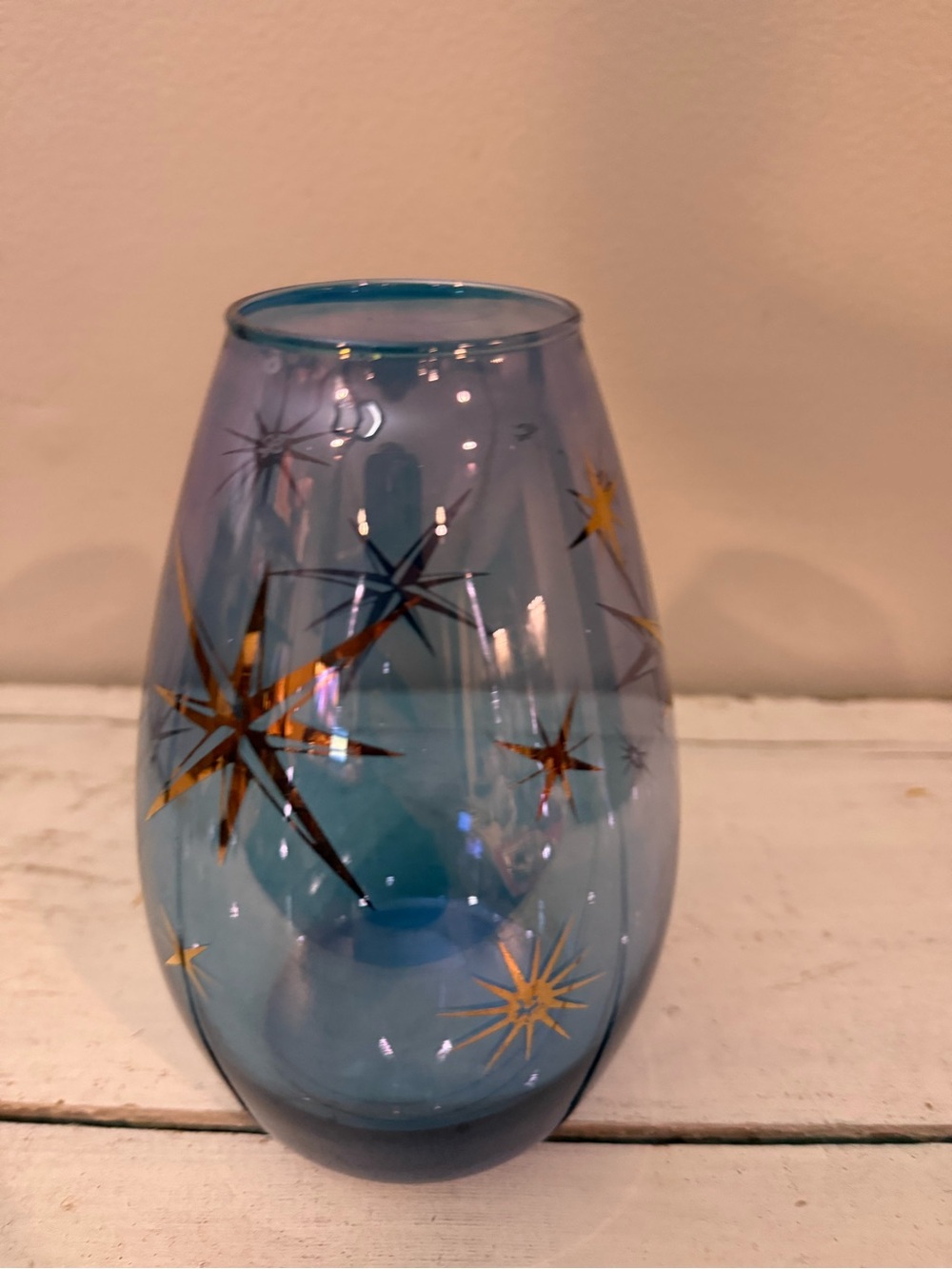 Vintage Bartlett Collins MCM Art Glass Retro Blue Vase Gold Atomic Starburst